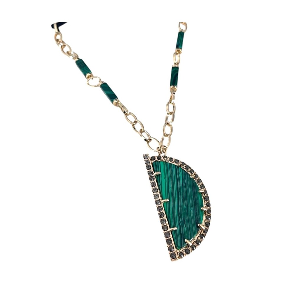 New Green Stone Pendant Necklace Crystals Gold Tone Black Cord - 10U